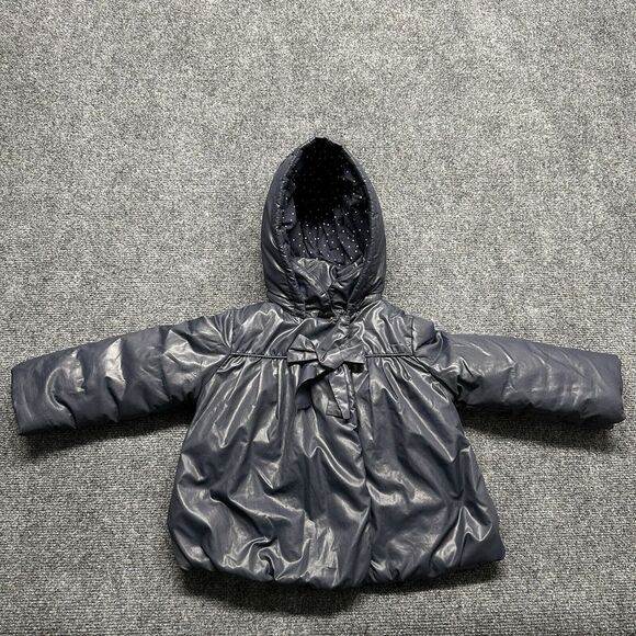 Jacadi Paris Puffer Jacket Baby Size 23 Months Navy Bow Hooded Outdoor Warm Cozy - Picture 1 of 12